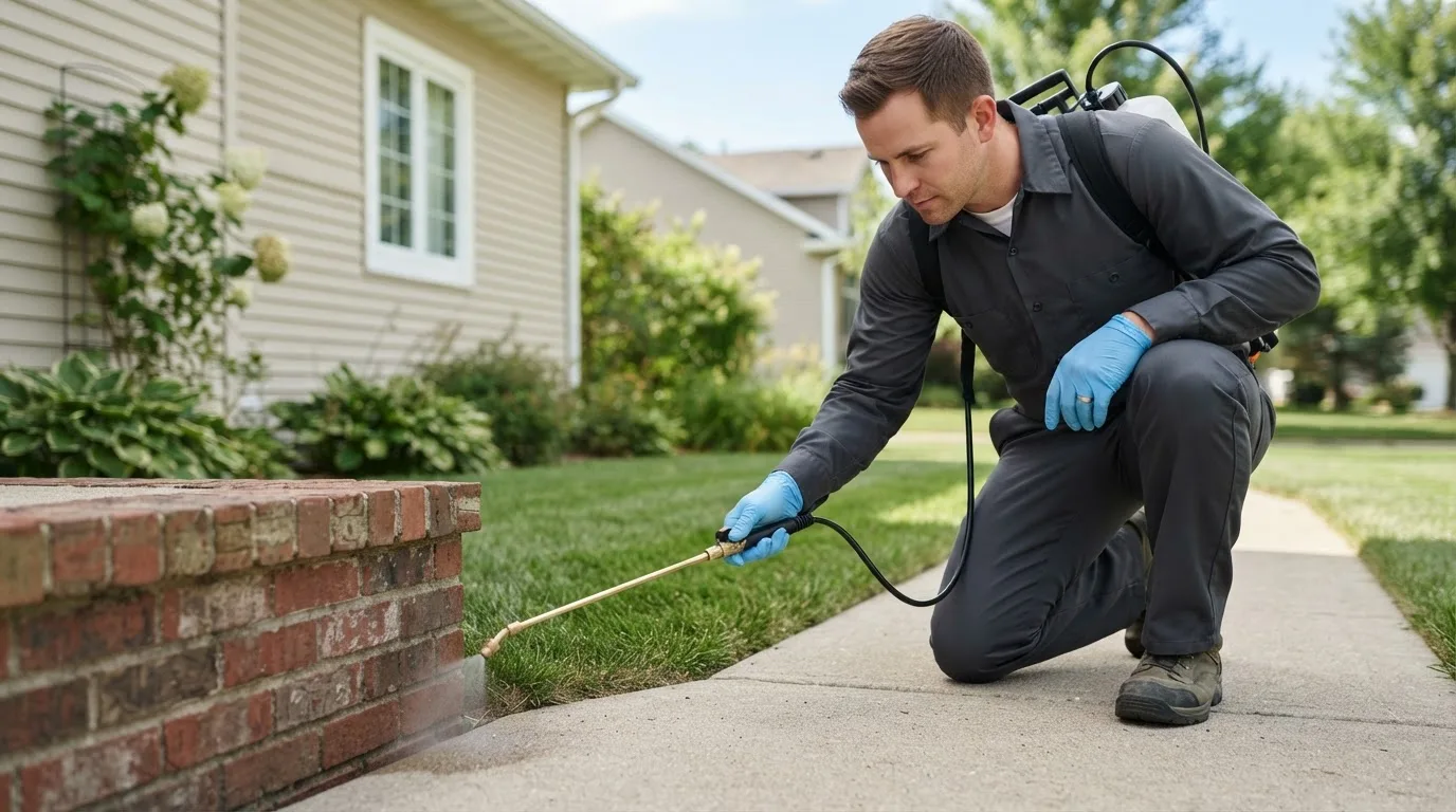 Pest control technician treating a home near Munroe Falls, OH